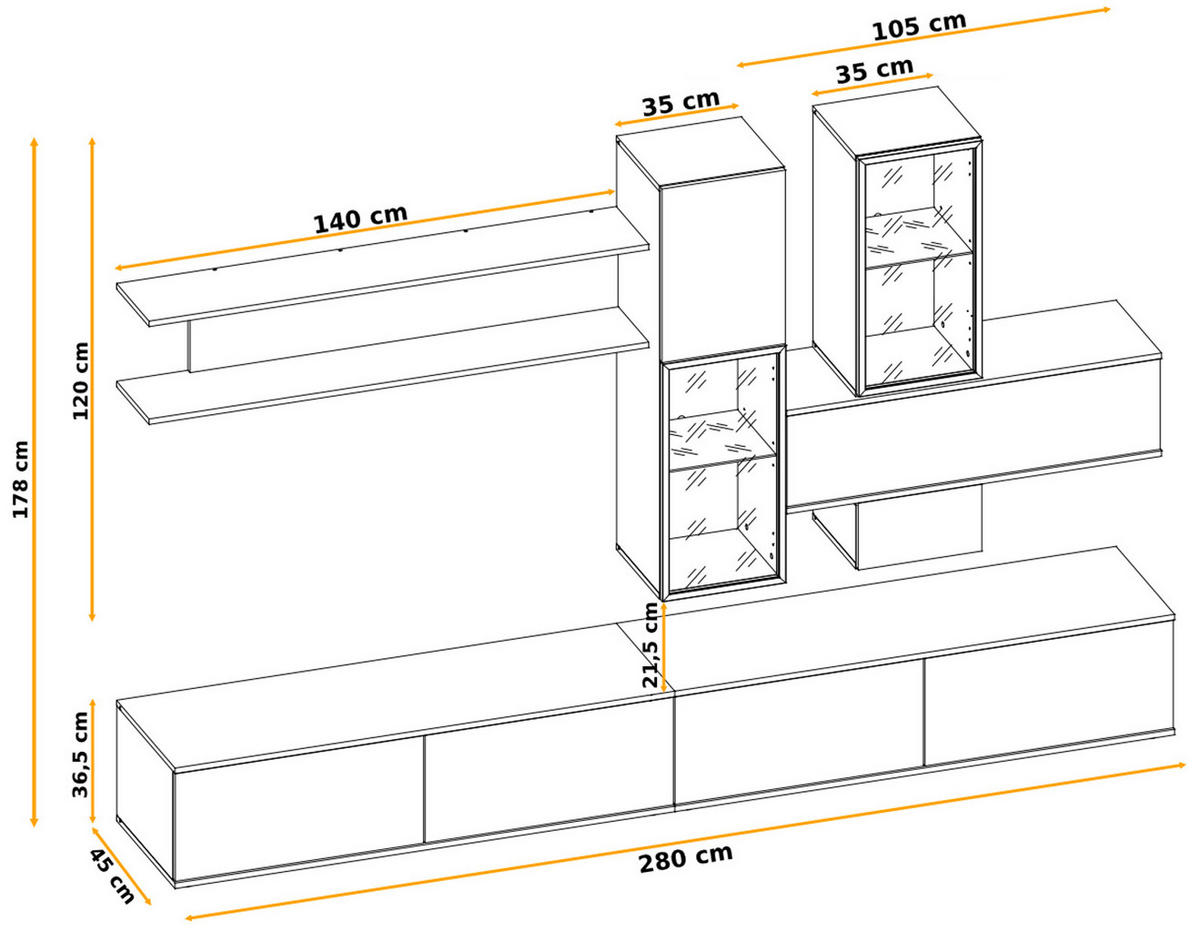 WOHNWAND Eiche, schwarz 280 cm, Schrankwand mit Push-to-Open inklusive Beleuchtung - Eichefarben/Schwarz, Glas/Holzwerkstoff (280/180/45cm) - Furn.Design