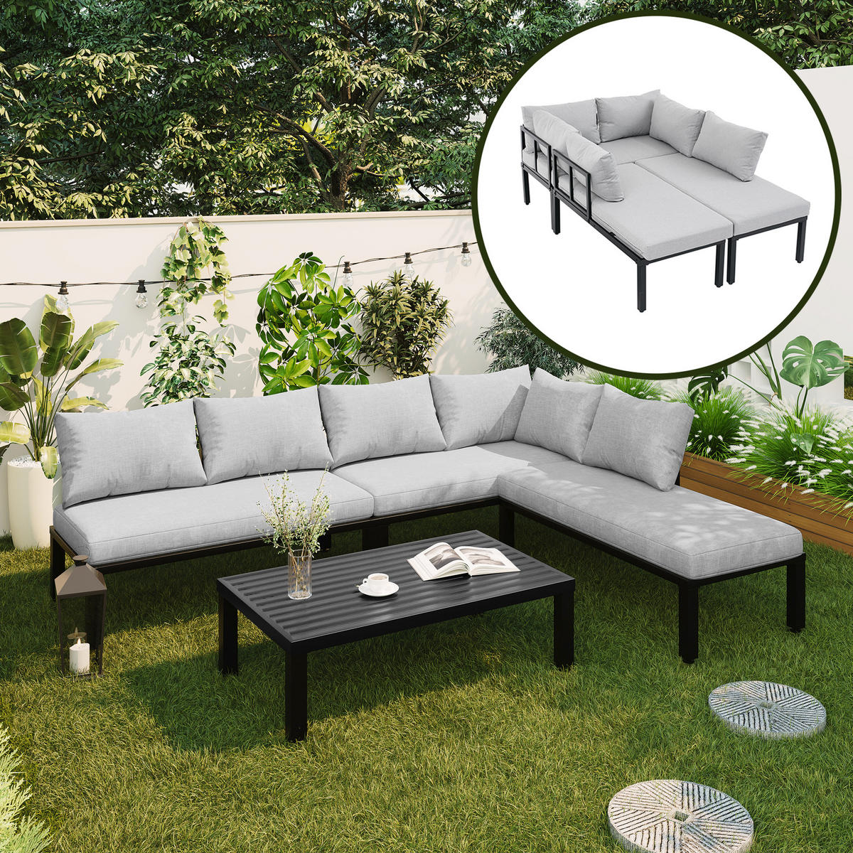 GARTEN-LOUNGEGRUPPE 260/194/84 cm grau aus Polyester mit verzinktem Stahl und Couchtisch - Grau, Metall - OKWISH