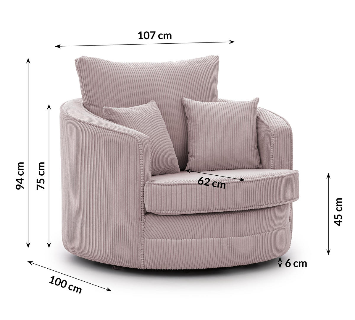 DREHSESSEL Ted aus Puderrosa Cord-Stoff - Pink/Schwarz, Holz/Textil (107/94/100cm) - S-Style Möbel