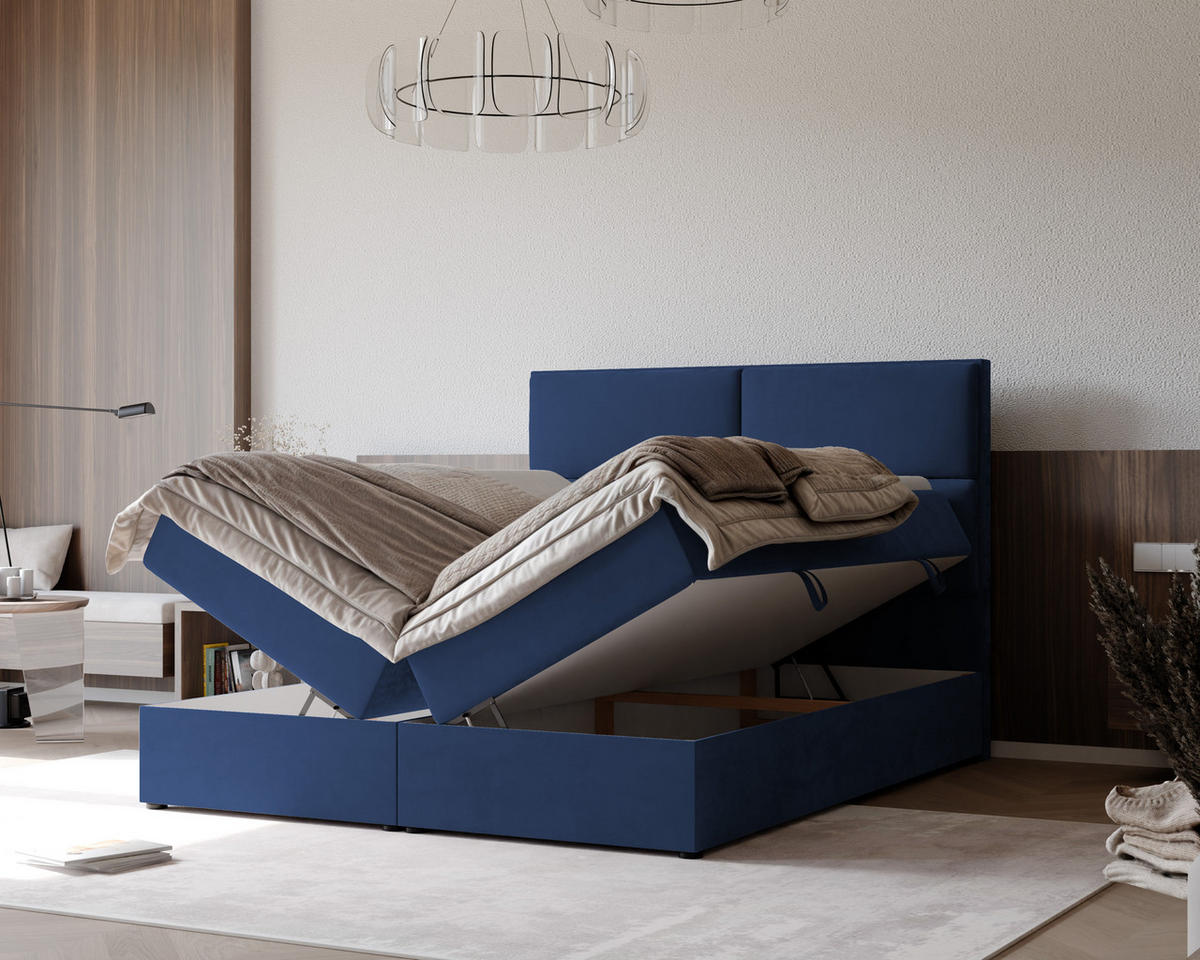 BOXBETT ORFEO 200/200 cm mit Matratze und Topper, Marineblau - Dunkelblau, Textil (200/200cm) - Idohome