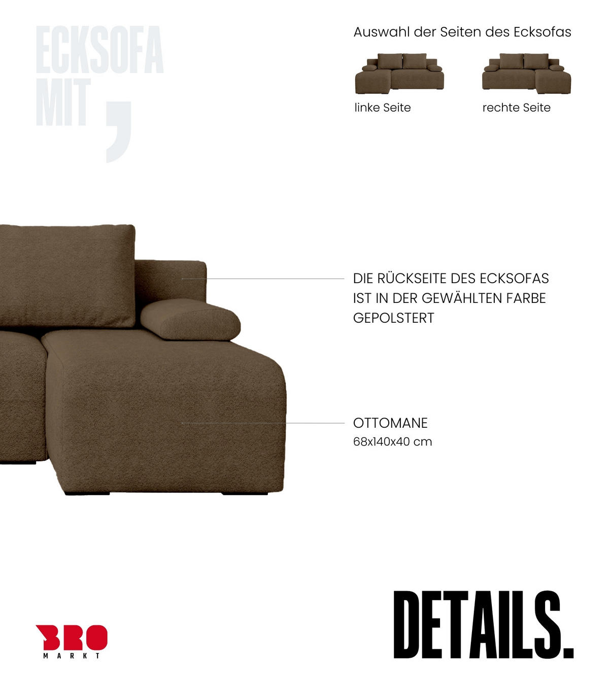 ECKSOFA Ernest mit Schlaffunktion Braun Bouclé - Braun, Textil (200/145cm) - Bromarkt