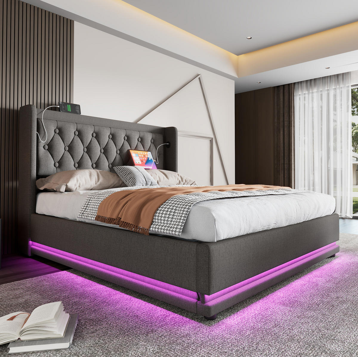 BETT mit Stauraum 140x200 cm Baumwolle Grau mit USB, Typ-C und LED - Grau, Metall (140/200cm) - Meubliv