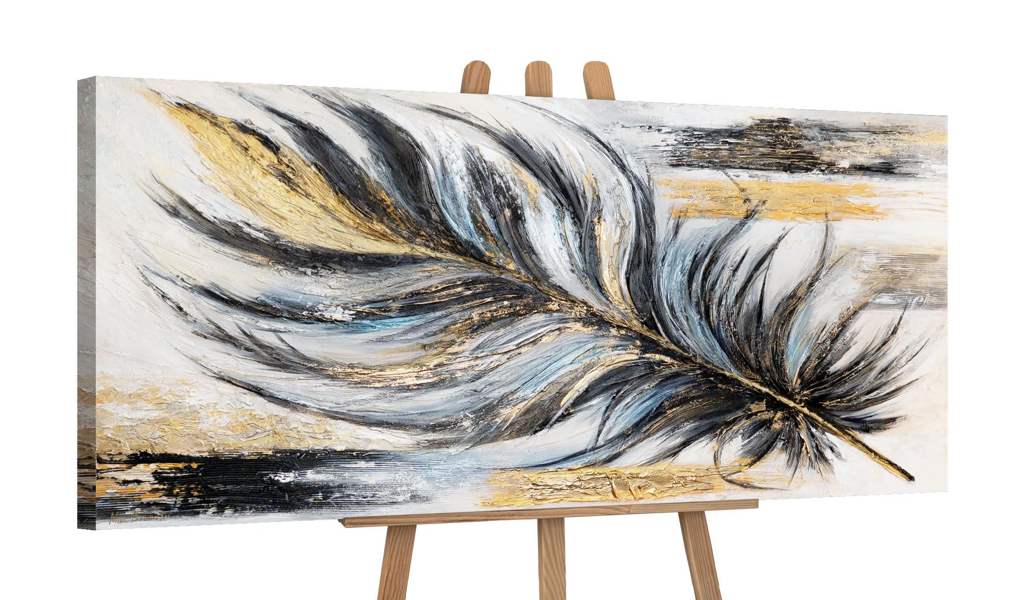 GEMÄLDE Goldene Feder auf Keilrahmen 115x50 cm - Schwarz, Holz (115/50cm) - YS-art gallery