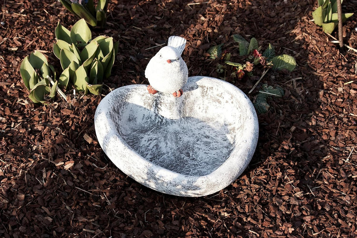 STEIN Vogeltränke mit Vogelfigur aus massiven Steinguss, frostfest - Grau, Stein (27/8/27cm) - stoneandstyle