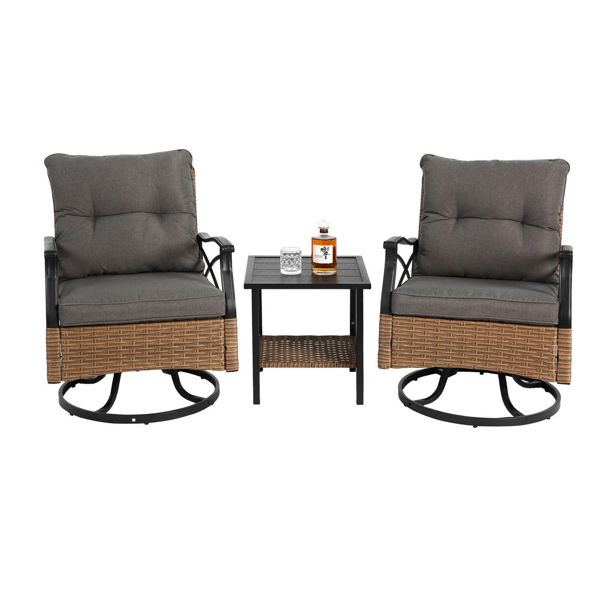 GARTENSTUHL SET 3-tlg Polyrattan Braun/Grau 2 Dreh-Schaukelstühle mit Beistelltisch - Graubraun, Metall - Urban Meuble