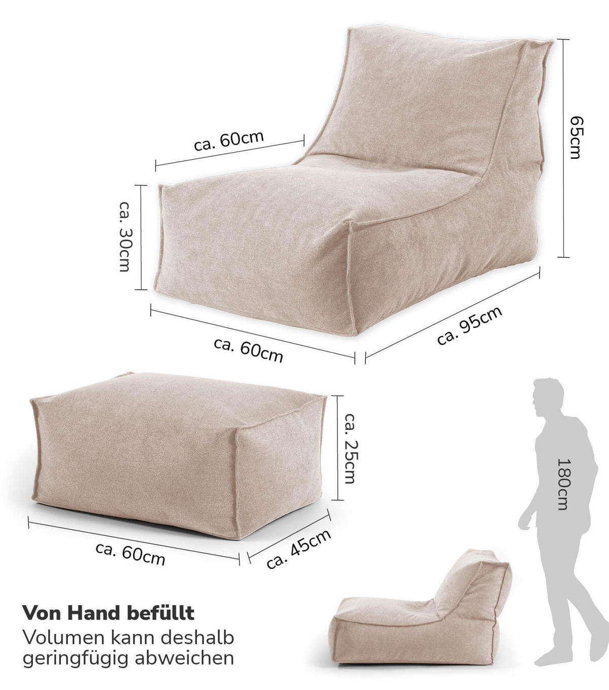 SITZSACK mit Hocker Der Gelassene - Beige, Textil (60/65/150cm) - Mokebo