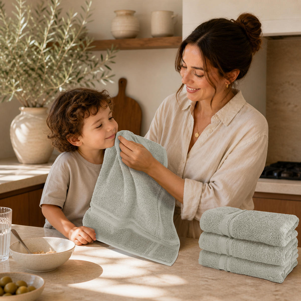 FROTTEE Küchenhandtücher 50x50 cm, 4er Set, Kiesel Grau - Sandfarben, Textil (50/50cm) - Lashuma