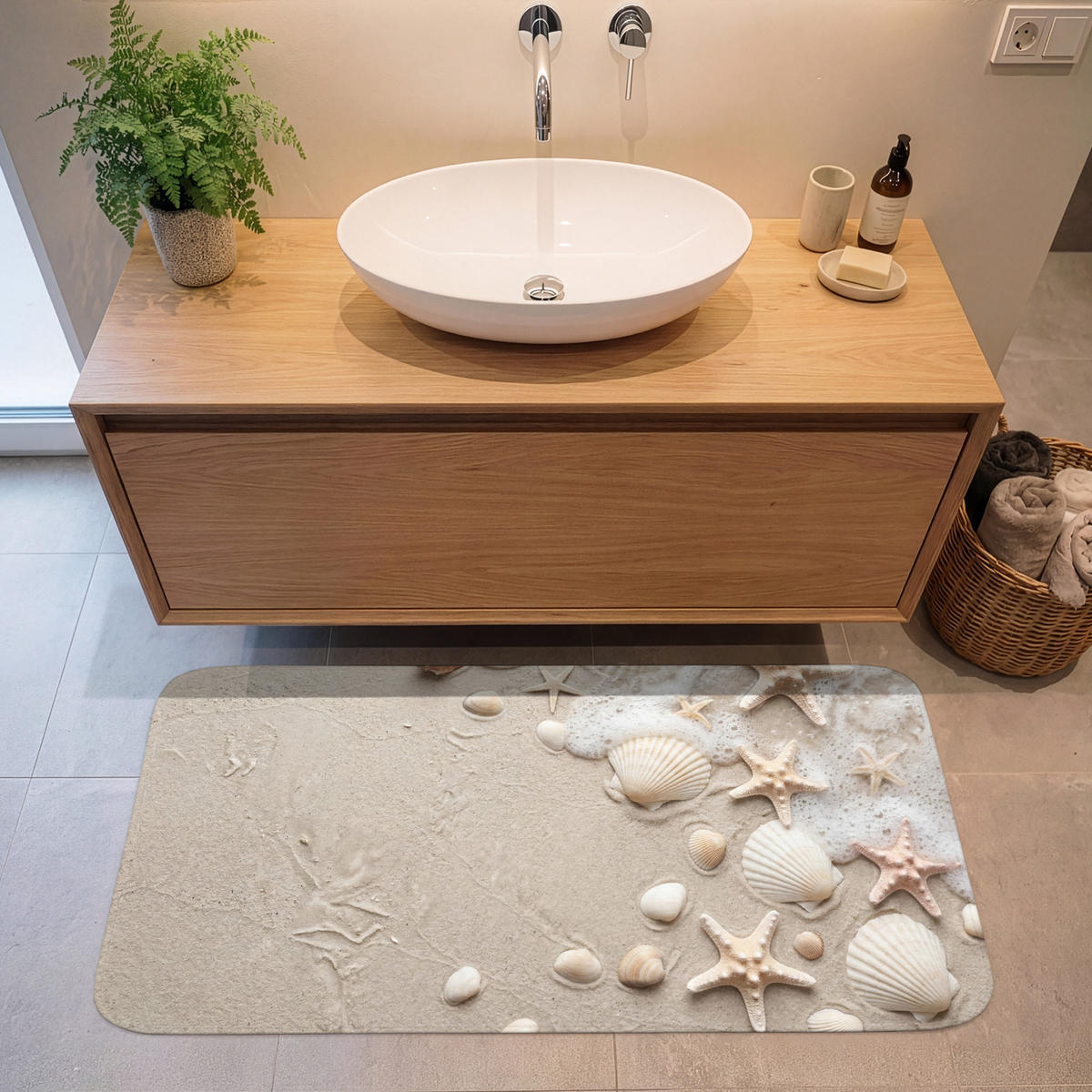 KÚPEĽŇOVÁ PREDLOŽKA Mušle - Hviezdice - Pláž 120x60 cm - piesková/krémová, textil/plast (120/60cm) - OnlyWow