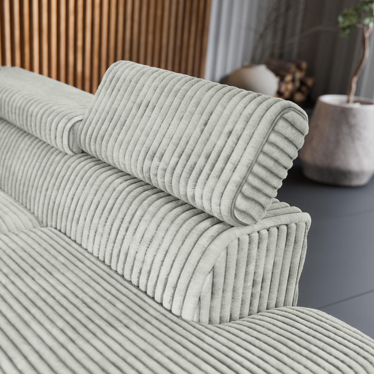 ECKSOFA VELISS Hellgrau Kordstoff mit Schlaffunktion - Hellgrau, Holz (255/193cm) - MASSENO