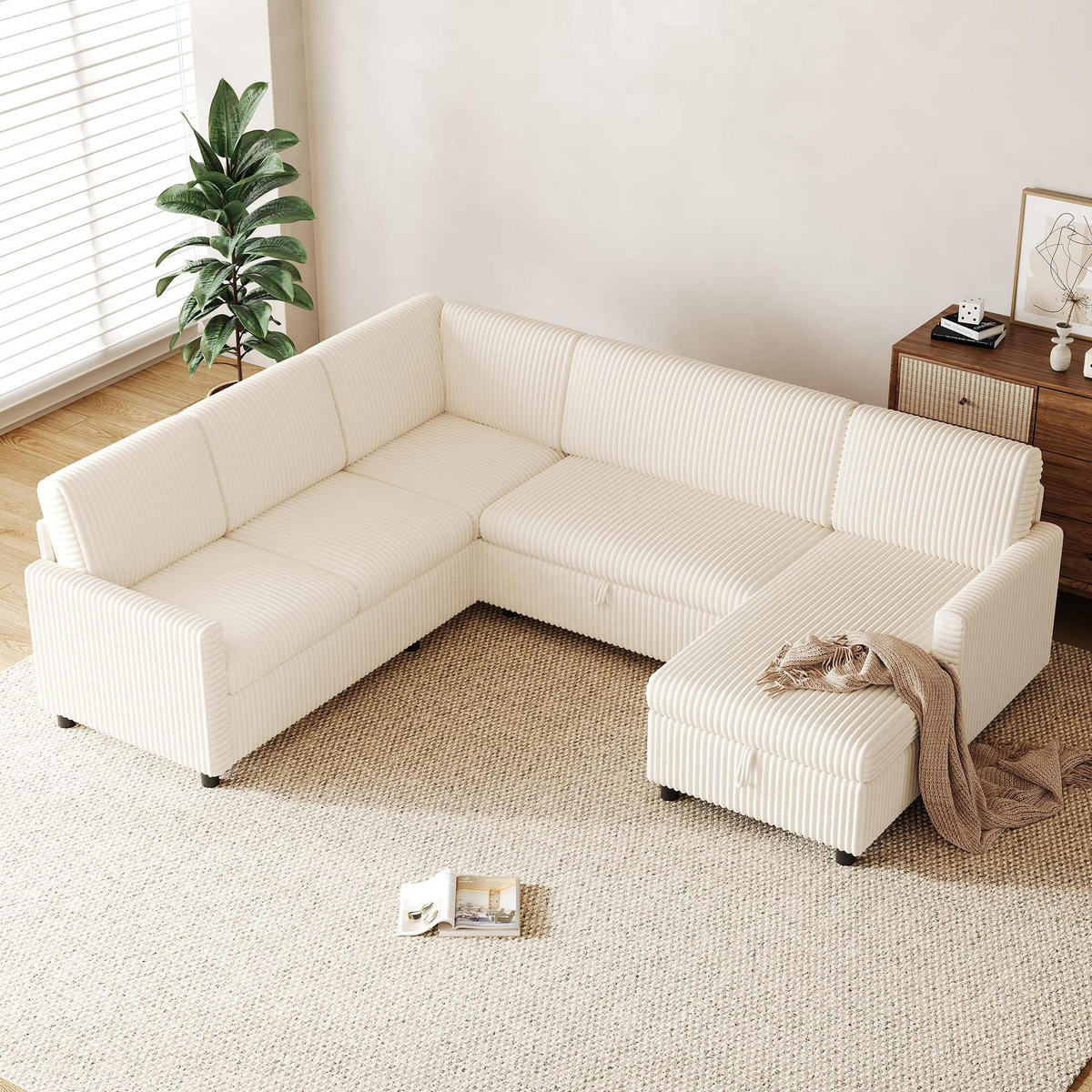 SOFA U Oblik na Razvlačenje Cord 220x274x85 cm Bež - bež, tekstil (274/85/220cm) - FLIEKS