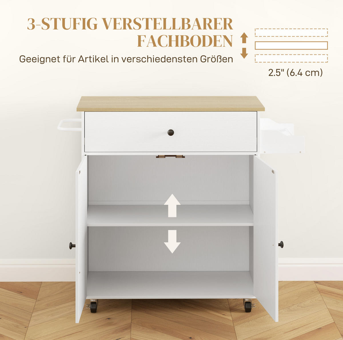 KÜCHENINSEL 106/42/87 cm mit klappbarer Arbeitsplatte, Stauraum und Rollen aus MDF, Weiß - Weiß, Holzwerkstoff (106/87/42cm) - Redom