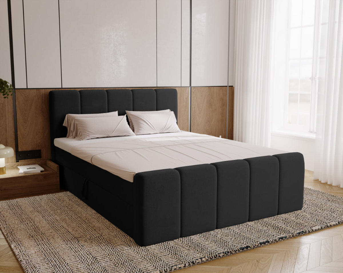 BOXBETT Berg Mit Matratze, Stoff Komodo Schwarz 120x200 cm - Schwarz, Holz (120/200cm) - Kaiser Möbel