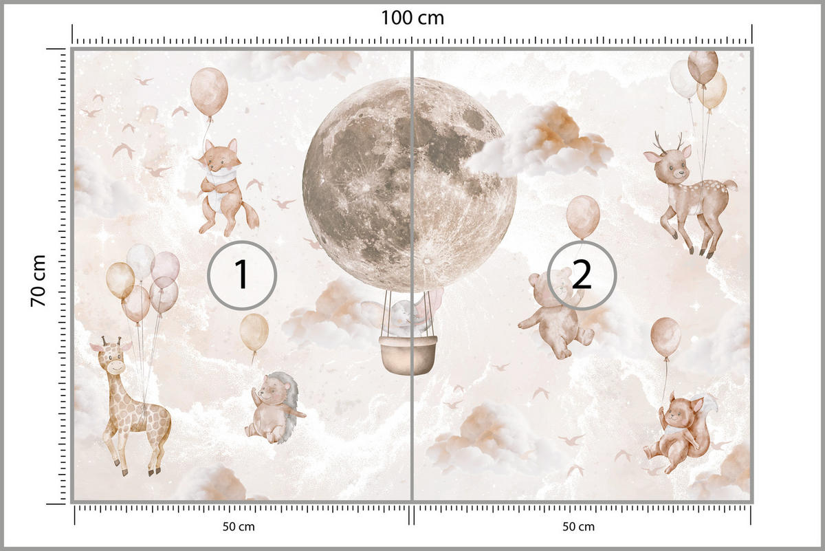 FOTOTAPETE für Kinderzimmer Mond Ballons Bär Rehkitz Giraffe Wolken 100x70 - Beige/Rosa, Papier (100/70cm) - Muralo