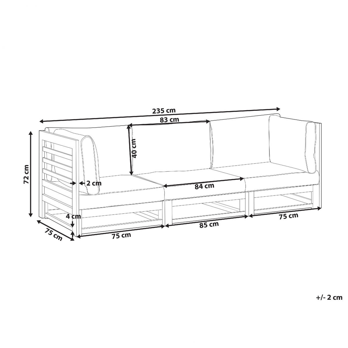 GARTENSOFA 3-Sitzer Akazienholz mahagonibraun Auflagen taupe Trani - Beige/Grau, Holz (235/72/75cm) - Beliani