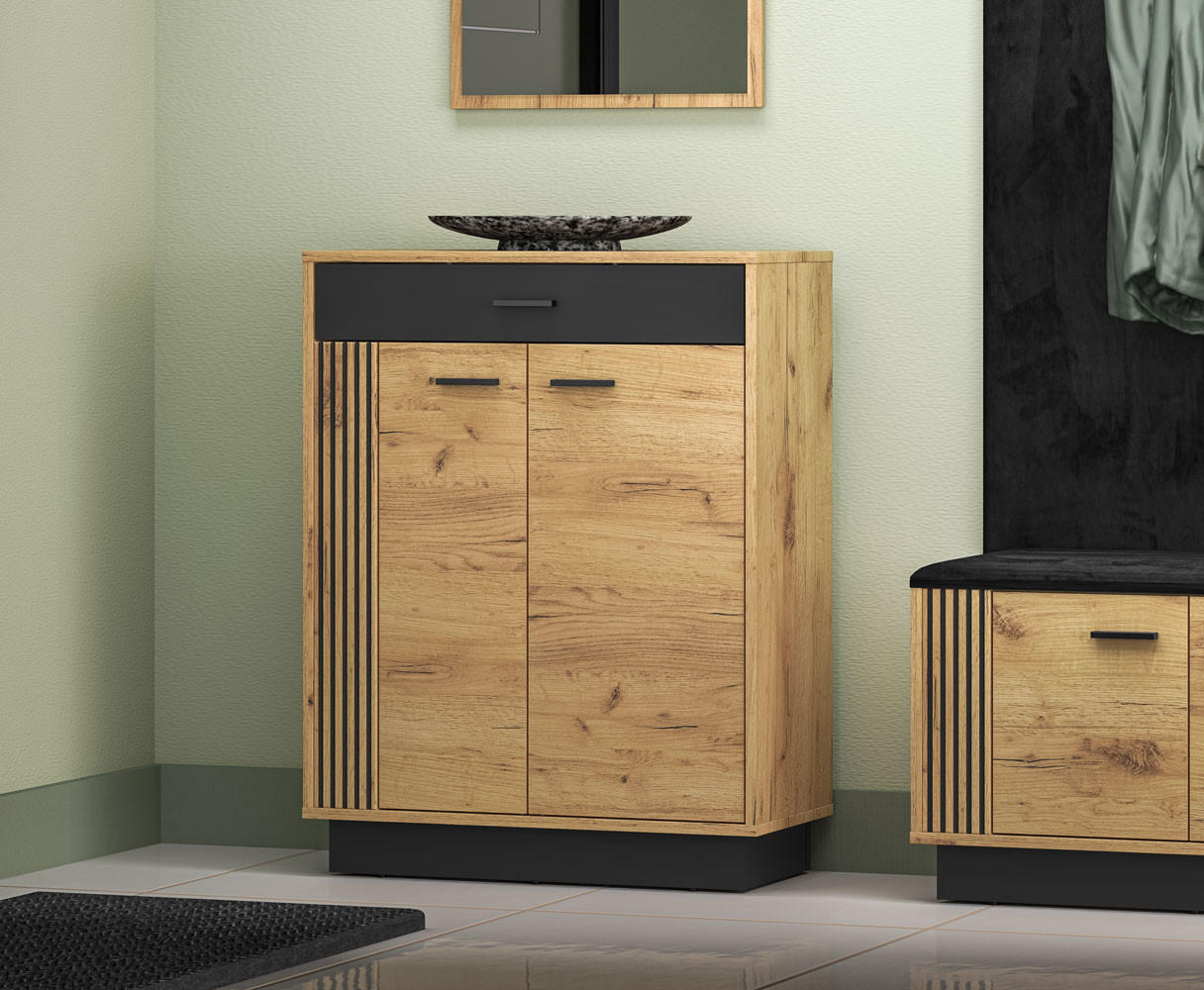 SCHUHSCHRANK Vasco Gold Craft Eiche / Schwarz 70 / 34 / 91cm - Eichefarben/Schwarz, Holz/Holzwerkstoff (70/91/34cm) - Feldmann-Wohnen