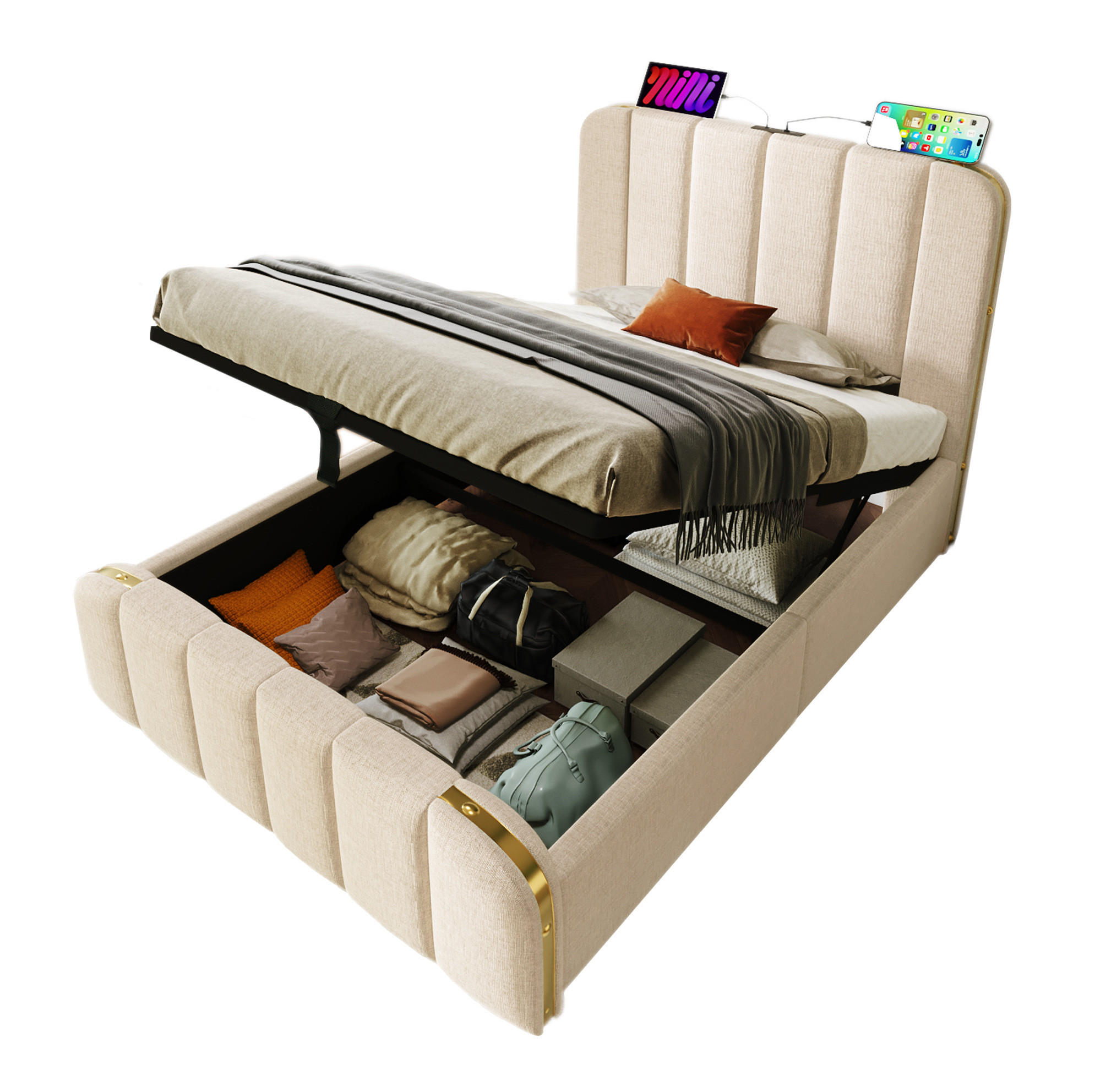 POLSTERBETT 90/200 cm Beige aus Leinen mit Stauraum und USB-C - Beige, Textil (90/200cm) - OKMYHOME