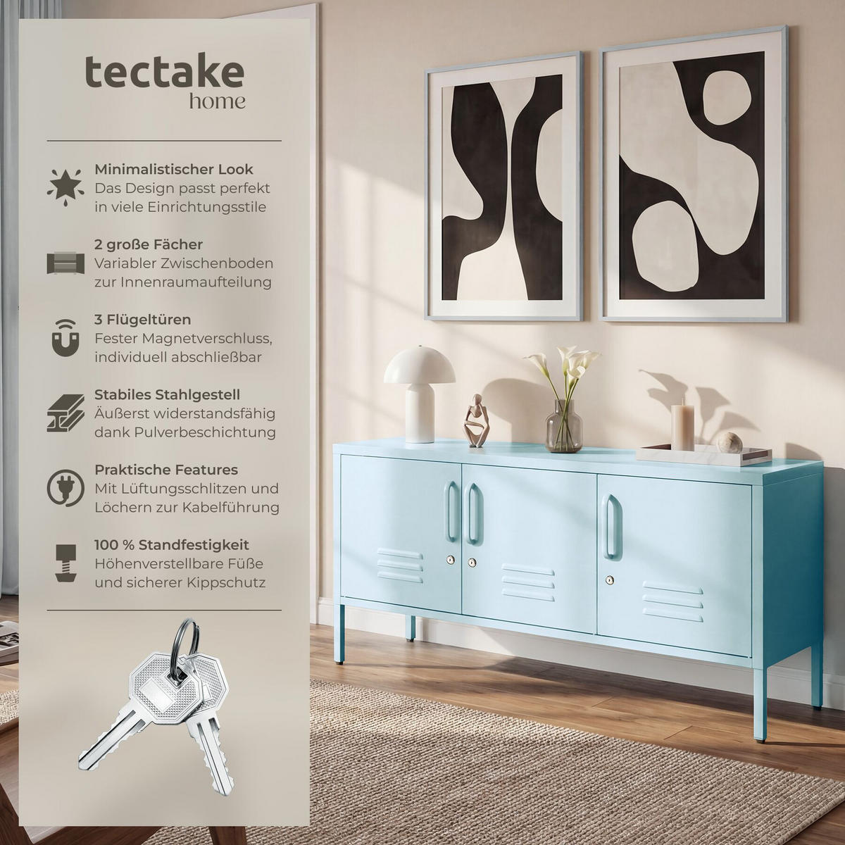 SIDEBOARD Baker, Kippschutz, höhenverstellbare Füße, grau/blau - Blau/Grau, Metall (120/55.5/37.5cm) - tectake
