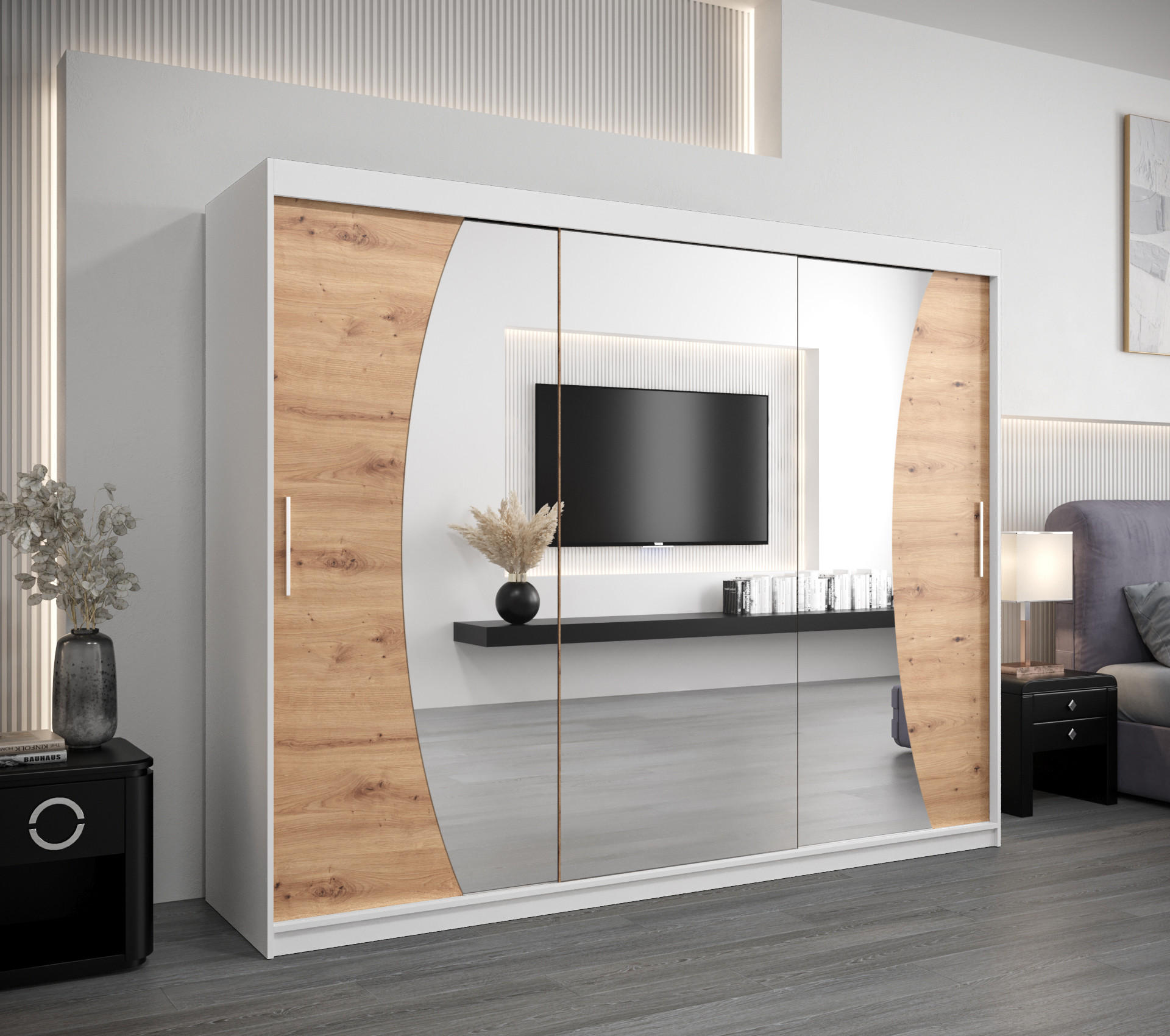 SCHWEBETÜRENSCHRANK 200/250/62 2-türig - Silberfarben/Weiß, Holz/Kunststoff (250/200/62cm) - Abiks Möbel