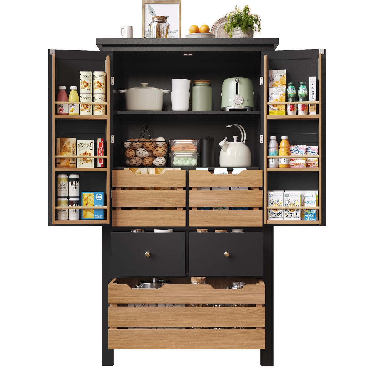 HIGHBOARD 80/40/140 cm in Schwarz mit 5 Schubladen und 2 Türen - Schwarz, Holzwerkstoff (80/140/40cm) - Flora Grace