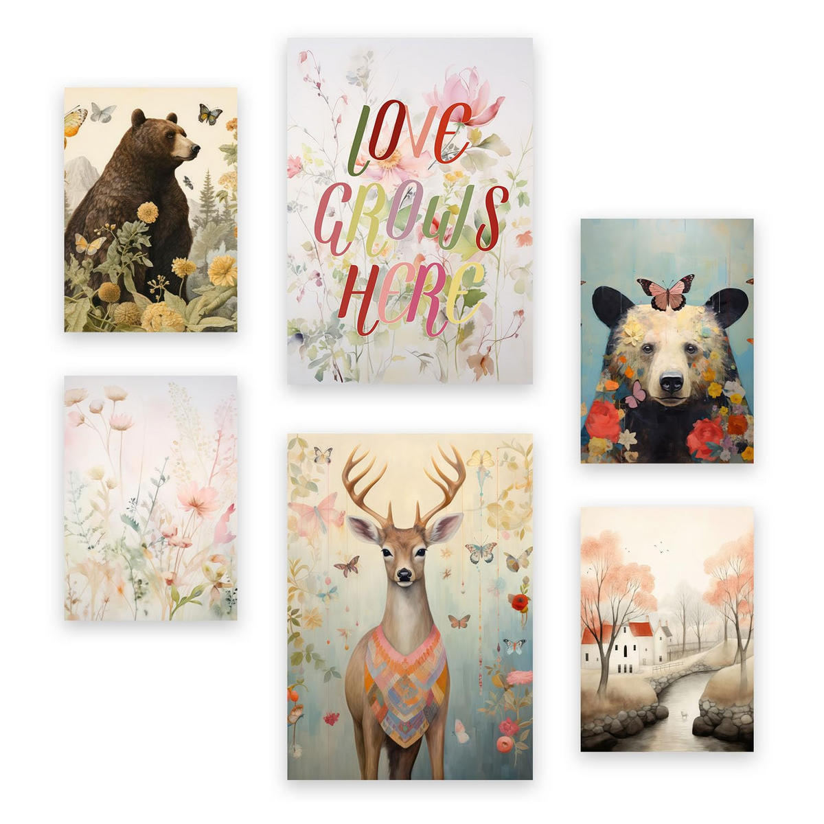 POSTER Set Mit 6 Blumen & Schmetterlinge A3 & A4 Rahmenlos - Klar, Papier (29/3cm) - Nacnic