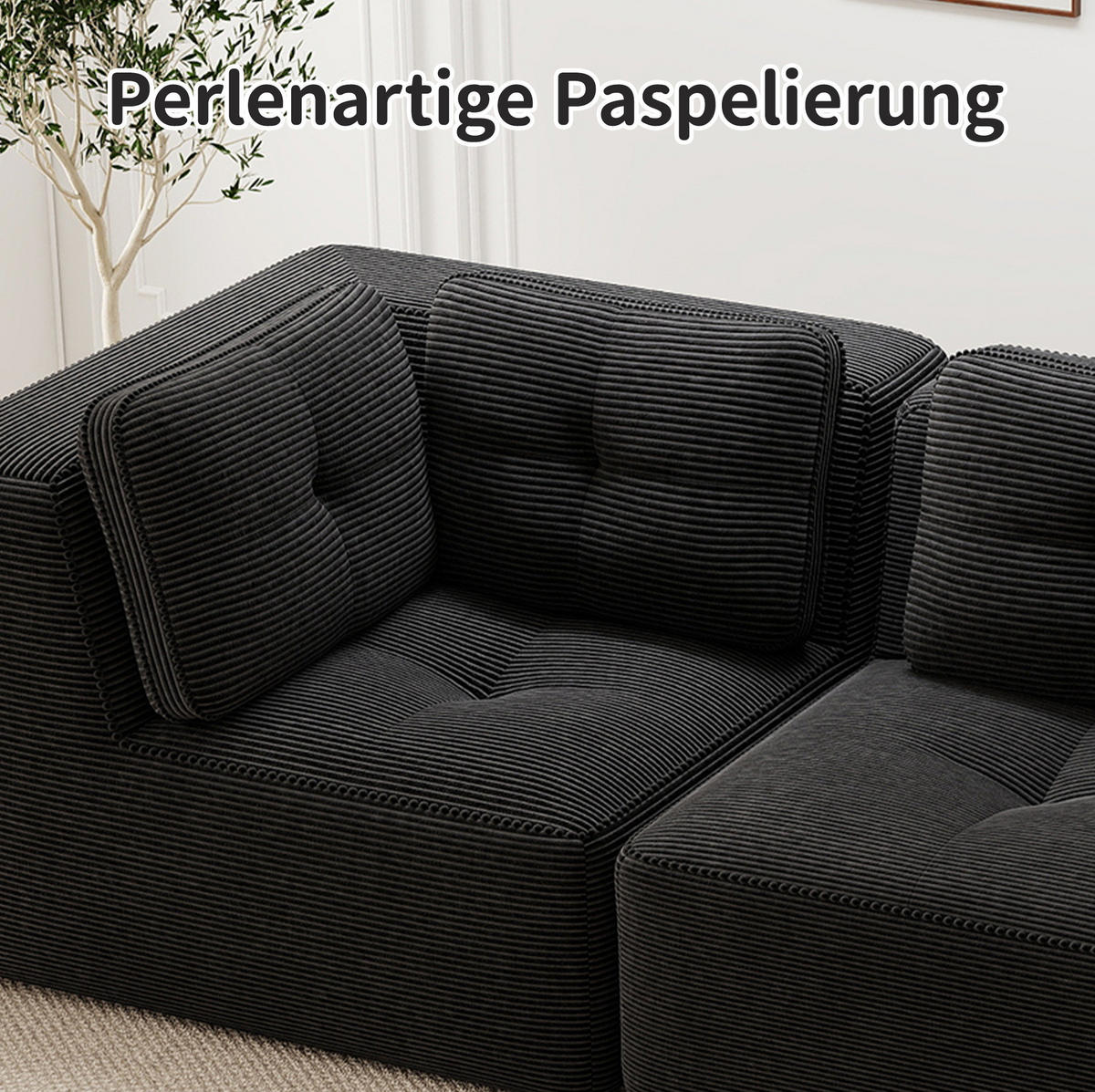 SOFA 386/104/69 cm in Schwarz, modular mit Cordbezug - Schwarz, Textil (104/69/386cm) - Flora Grace
