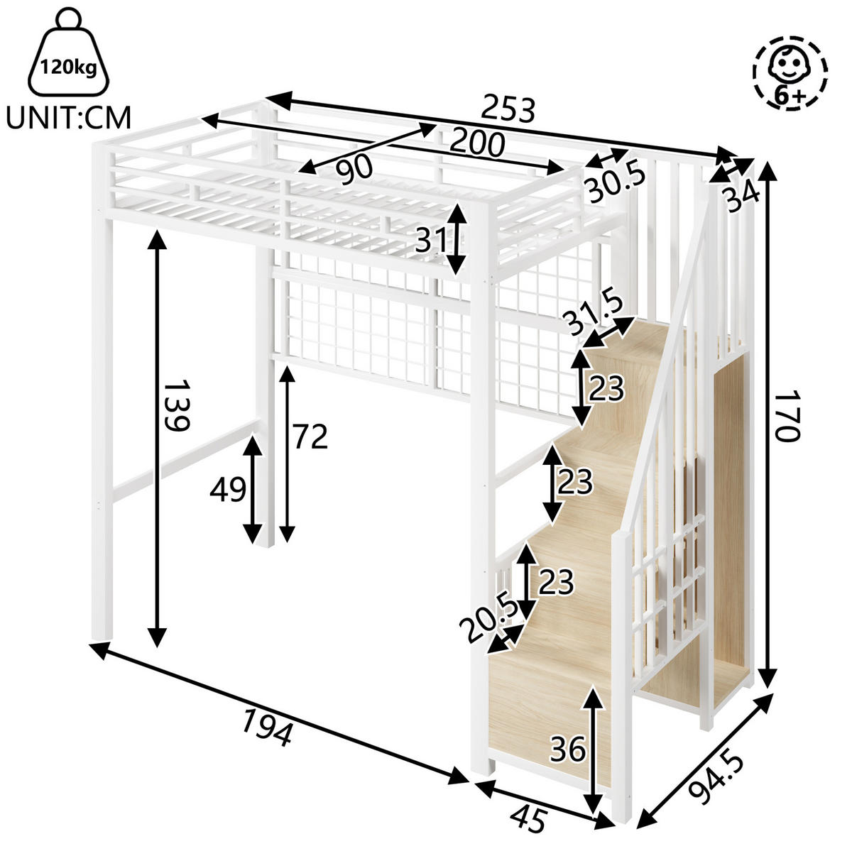 HOCHBETT 90/200 cm Weiß mit Stauraumleiter, Hängegitter und LED - Weiß, Metall (90/200cm) - MIVRAY