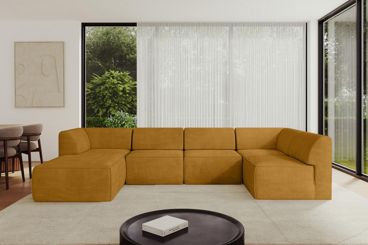 WOHNLANDSCHAFT Ottomane Links MOVO-L 345x180x78 cm Senffarbe Cord - Honig, Holzwerkstoff/Kunststoff (345/78/180cm) - ALTDECOR