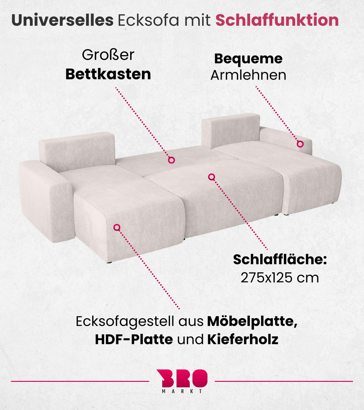 WOHNLANDSCHAFT Plush mit Schlaffunktion Weiß Cord - Creme, Kunststoff/Textil (315/72/145cm) - Bromarkt