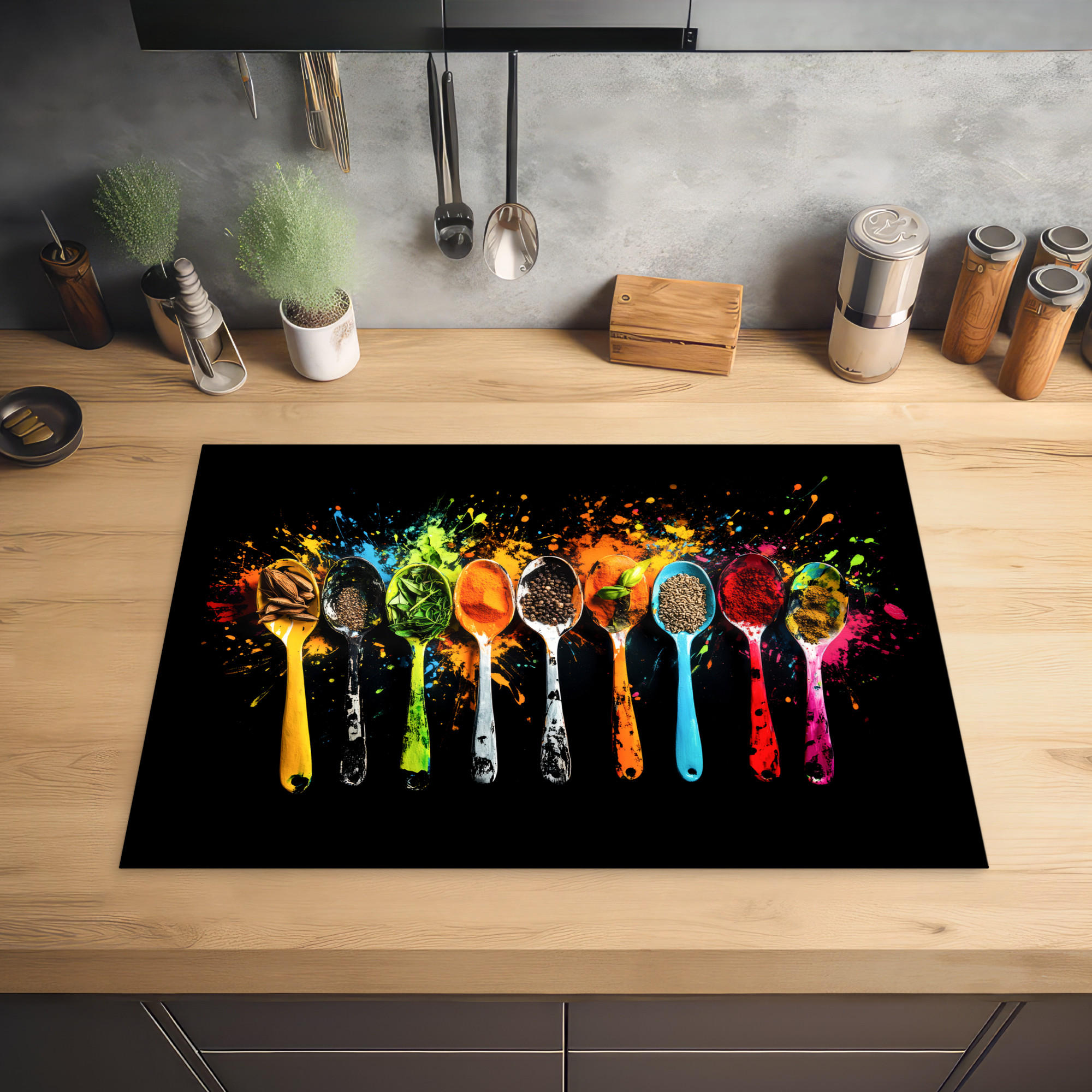 HERDABDECKPLATTE Löffel - Gewürze - Modern - Graffiti - Farbe - Farbenfroh 75x52 cm - Multicolor, Kunststoff (75/0.2/52cm) - MuchoWow