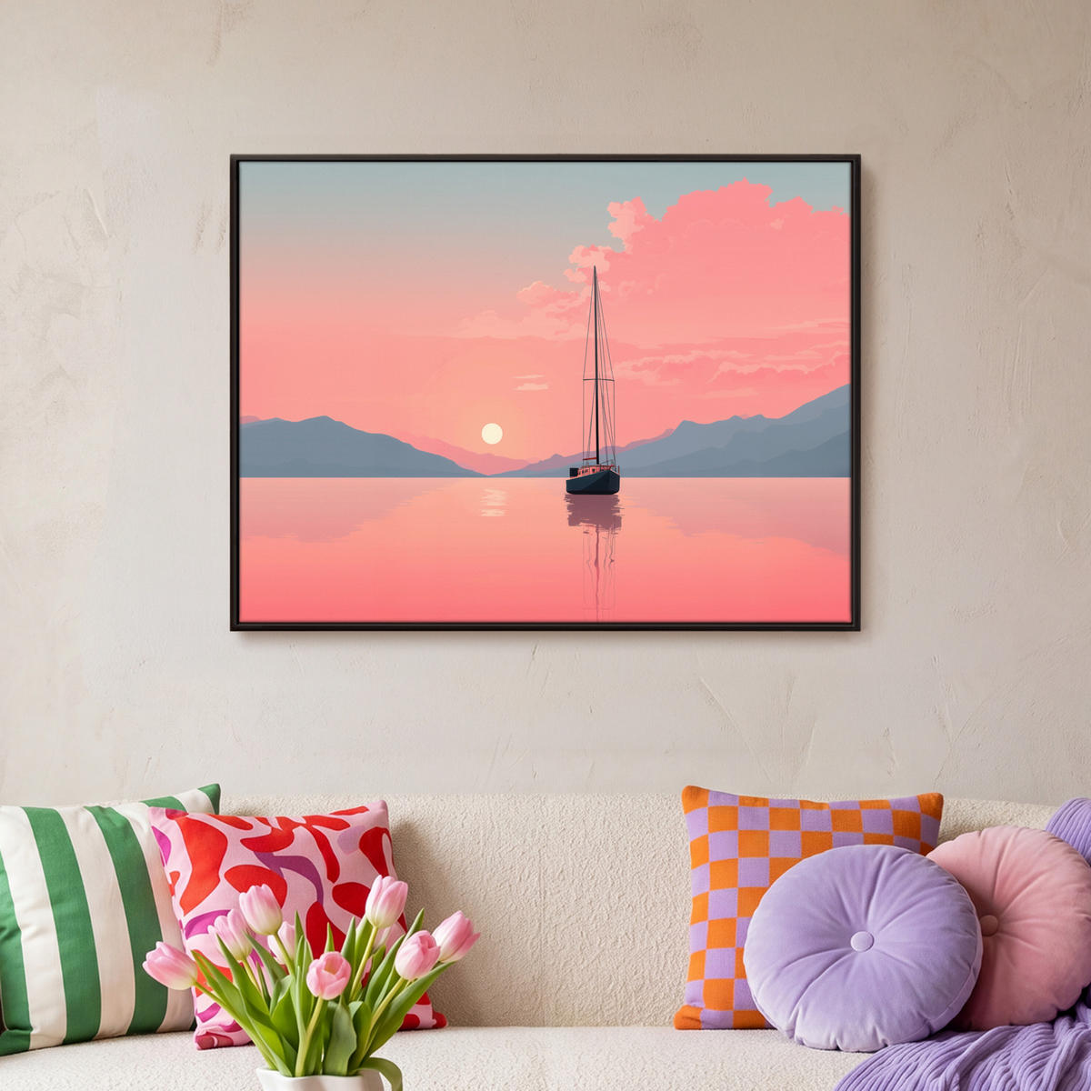 LEINWAND Bilder mit Rahmen - Segelboot - Rosa Meer - Sonnenuntergang - Berge - 80x60 - Rosa, Textil (80/60cm) - MuchoWow