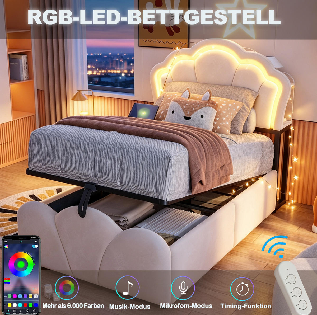 POLSTERBETT 90x200 cm in Beige mit LED-Beleuchtung, Steckdosen und Bettkasten - Beige, Textil (90/200cm) - IVMEU