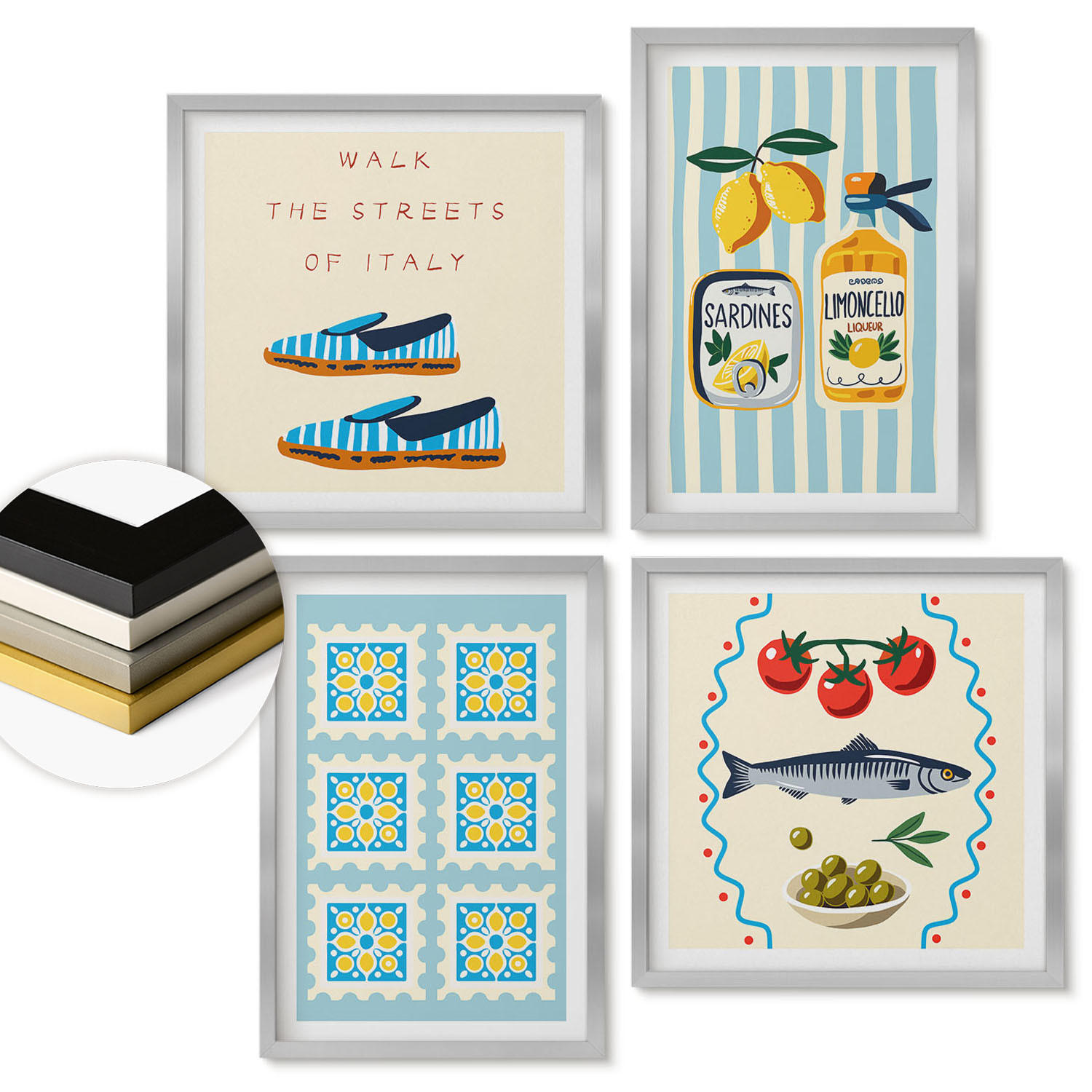WANDBILDER 4er Set - 50x50 cm & 40x60 cm Silberner Rahmen - Fruchtmuster und italienische Kultur - Silberfarben, Kunststoff (50/50cm) - ArtPrintCave