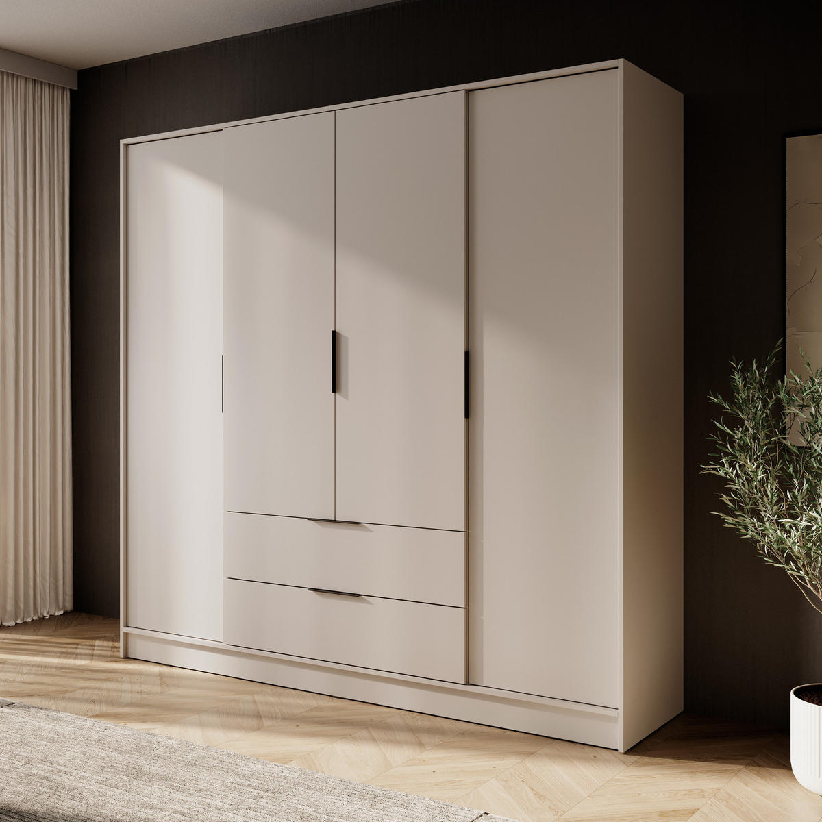 GROSSER Kleiderschrank RICADI 4D (Kaschmir, 4 Türen, 2 Schubladen, Kleiderstange, Kunststoffgriffe) - Kaschmir/Schwarz, Holz/Holzwerkstoff (206/200/51cm) - Ravio