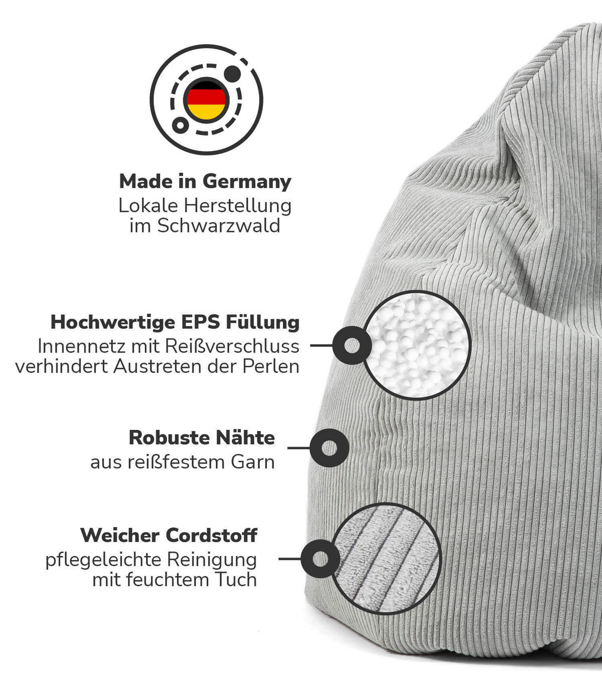 SITZSACK Cord mit Hocker Der Tagträumer - Grau, Textil (180/80/80cm) - Mokebo