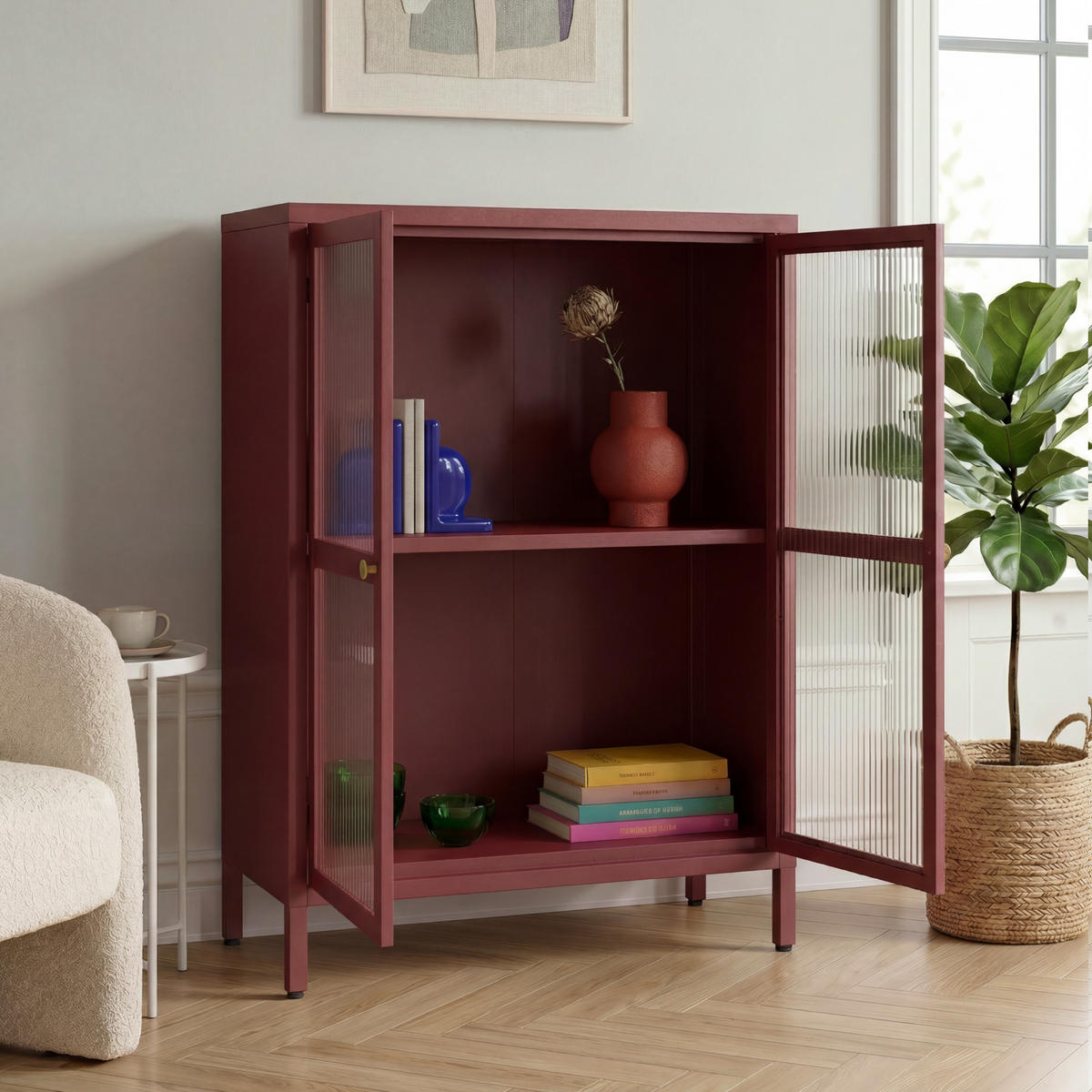 VITRÍNA Säkylä - bordeaux/průhledná, kov/sklo (64/84/35cm) - [en.casa]