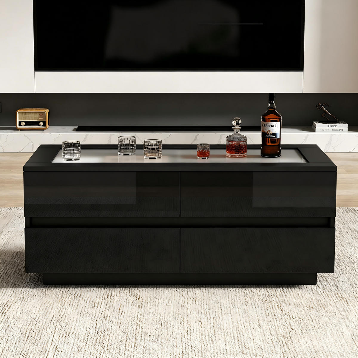 COUCHTISCH mit gehärteter Glasplatte, 4 Schubladen und LED-Beleuchtung Hochglanz Schwarz - Schwarz, Glas/Holzwerkstoff (100/50/40cm) - EVRYAE