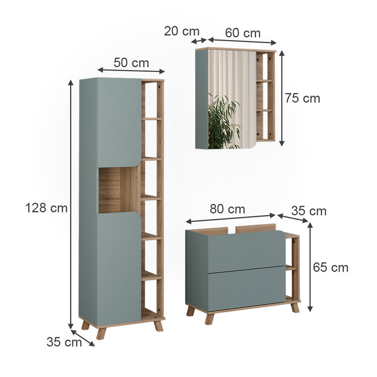 BADMÖBEL-SET Karen, Blau/Sonoma, 3-teilig - Dunkelblau/Sonoma Eiche, Holzwerkstoff (80/65/35cm) - Vicco