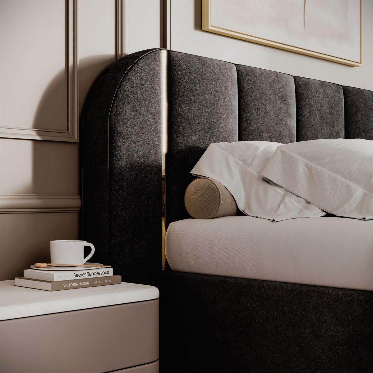 BETT AMARA GOLD 160x200 gepolstert mit Stauraum und Lattenrost, Royal Velvet 254 - Schwarz, Textil (160/200cm) - Lookway