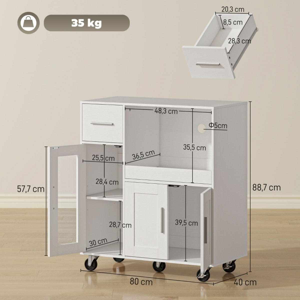 KÜCHENINSEL auf Rädern, für Küche und Esszimmer, 80/88,7/40 cm - Weiß, Holzwerkstoff (40/88.7/80cm) - Rolipo