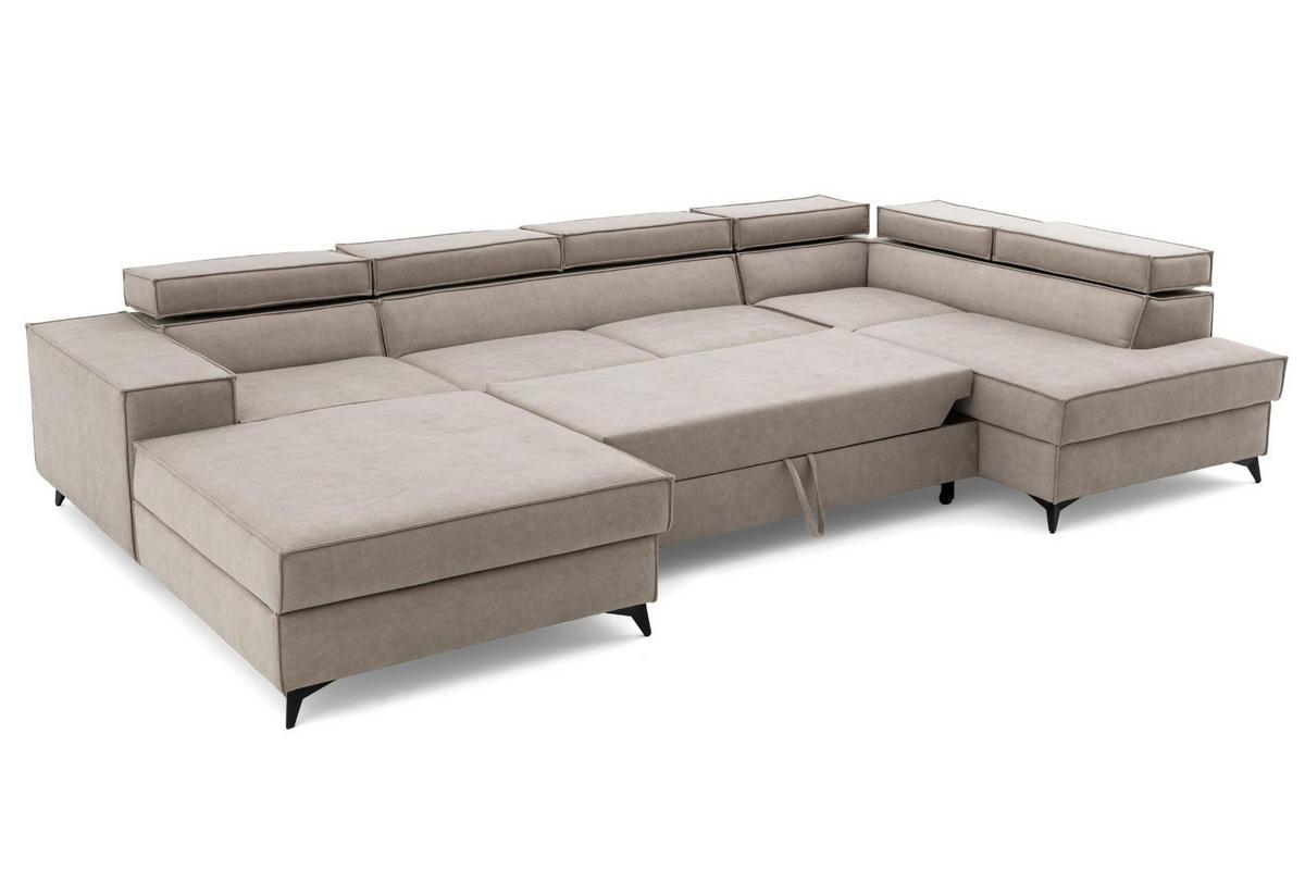 ECKSOFA PURE U Rechts mit Schlaffunktion 127x270 Velours Creme - Creme/Schwarz, Holz/Textil (204/340cm) - Muffo