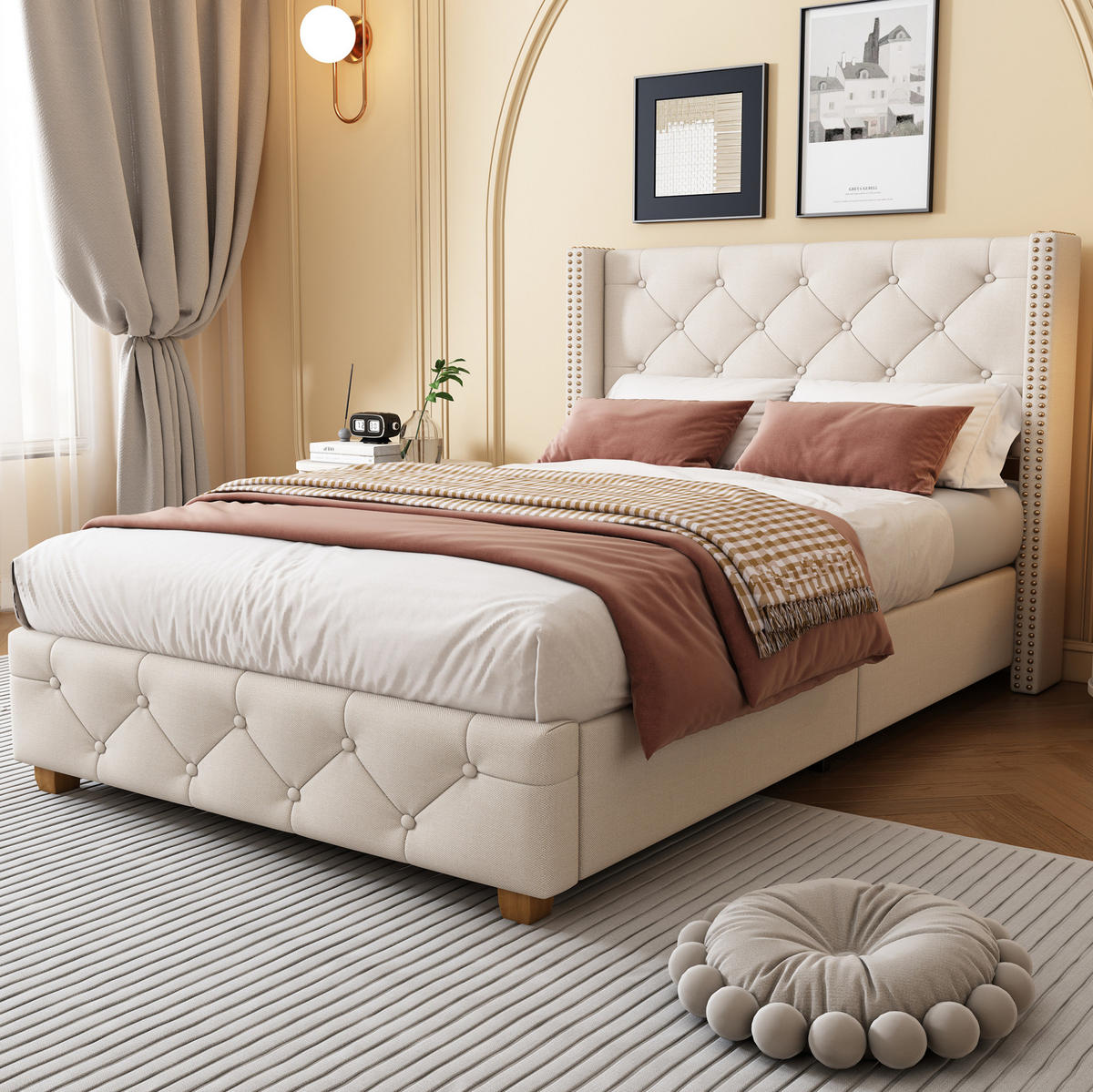 POLSTERBETT 90/200 cm Beige aus Leinen mit Lattenrost - Beige, Textil (90/200cm) - OKMYHOME