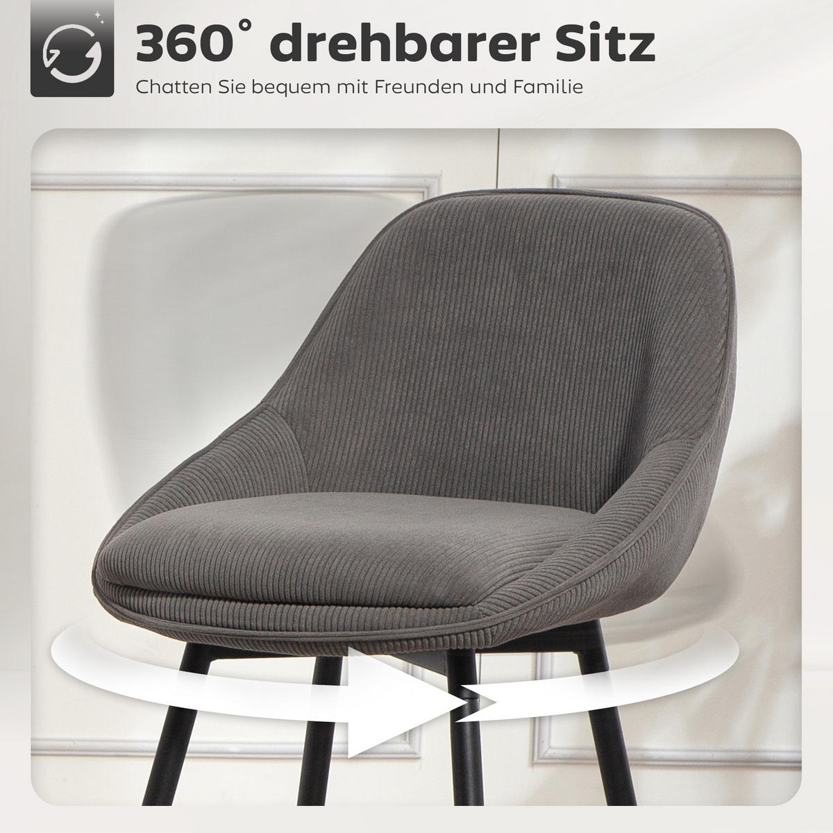 BARHOCKER 2er Set mit Fußstütze Rückenlehne Kord-Optik Grau - Schwarz/Grau, Textil (49/88/52cm) - HOMCOM