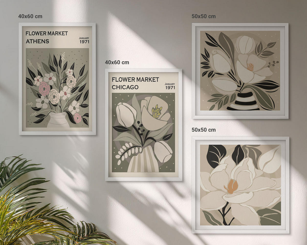 BILDER SET 4er Set - 50x50 cm & 40x60 cm Weißer Rahmen - Retro-Blumenmuster aus verschiedenen Städten - Weiß, Kunststoff (50/50cm) - TULUP