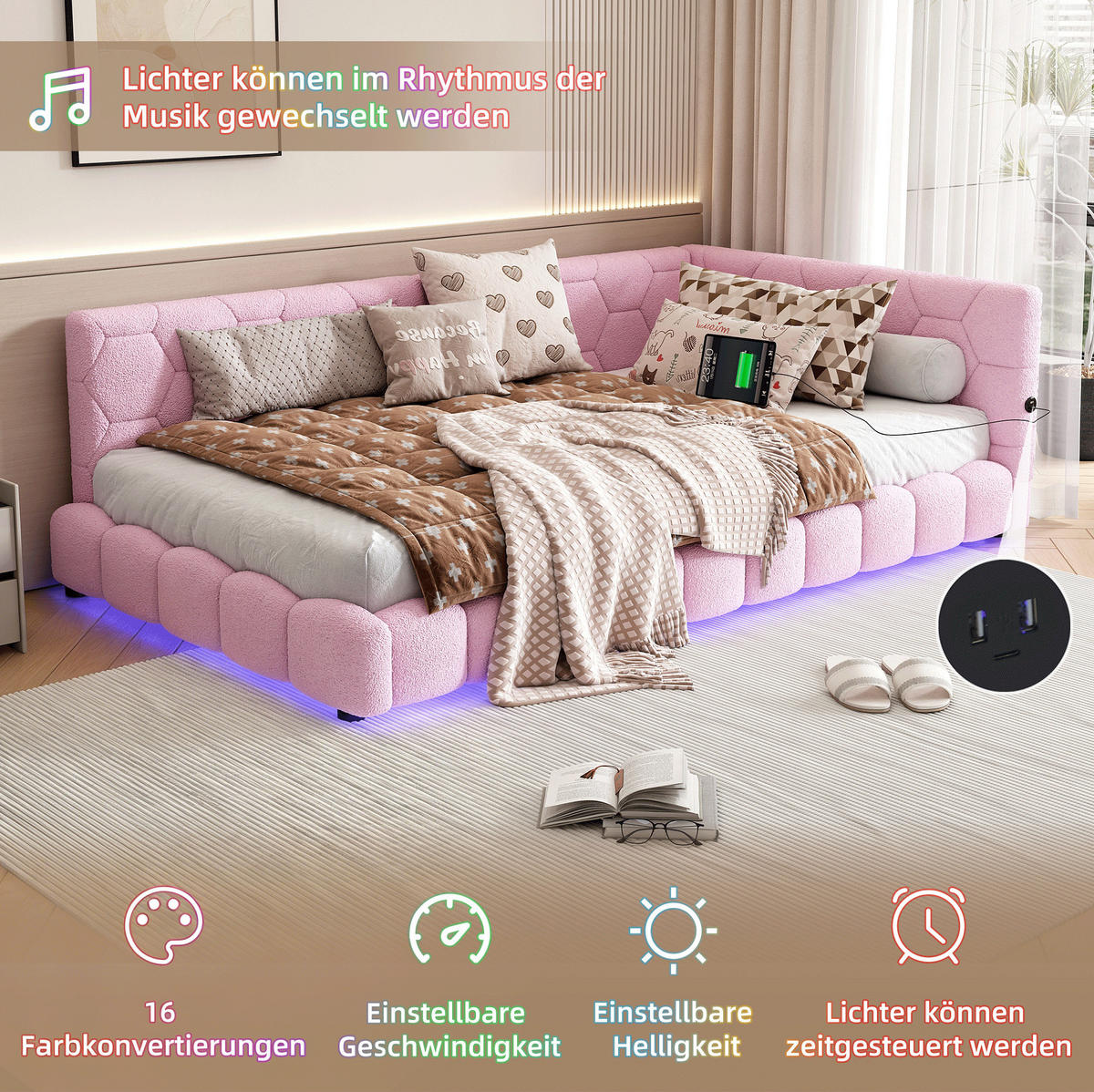 TAGESBETT 90/200 cm mit LED-Beleuchtung, USB- und Typ-C-Anschluss, Vliesimitat, Rosa - Rosa, Textil (90/200cm) - Redom