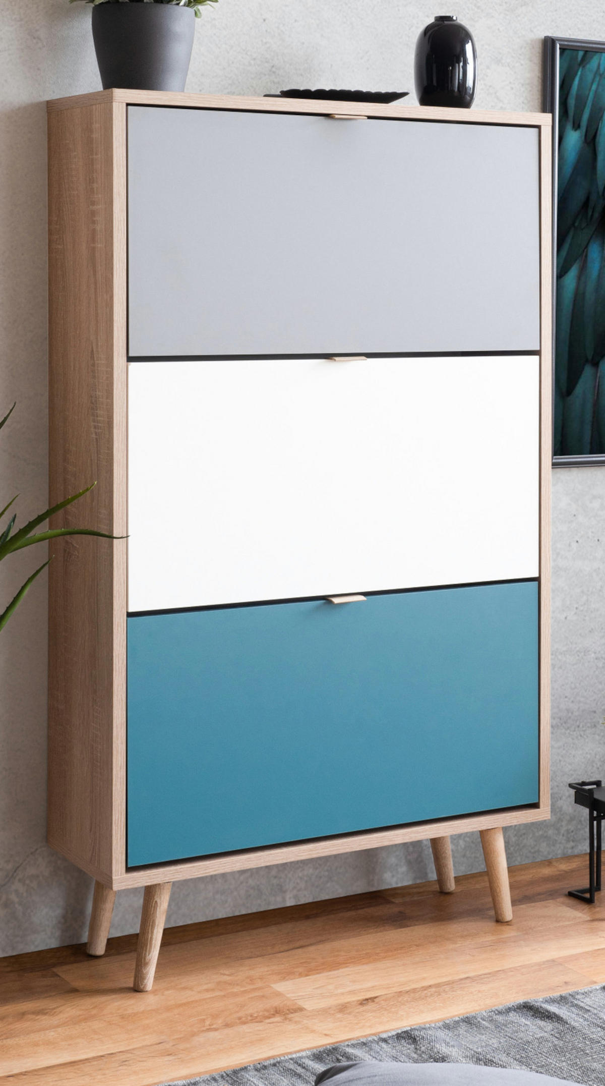 SCHUHKIPPER Eiche Sonoma, Petrol, weiß und grau, Schuhschrank Tricolor skandinavisch - Eichefarben/Petrol, Holz/Holzwerkstoff (70/125/24cm) - Furn.Design