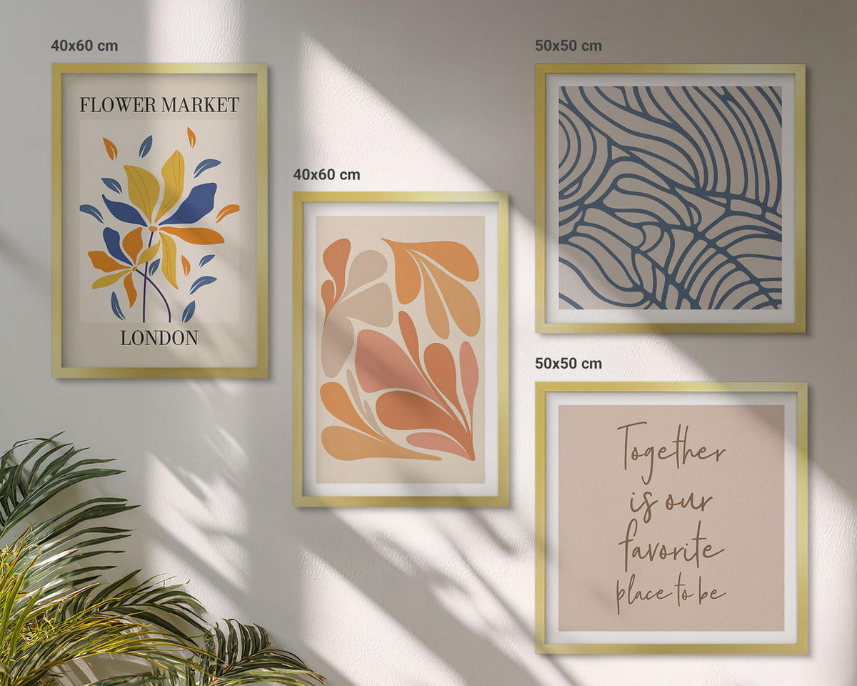 WANDBILDER 4er Set - 50x50 cm & 40x60 cm Goldrahmen - Moderne abstrakte Blumen - Goldfarben, Kunststoff (50/50cm) - ArtPrintCave