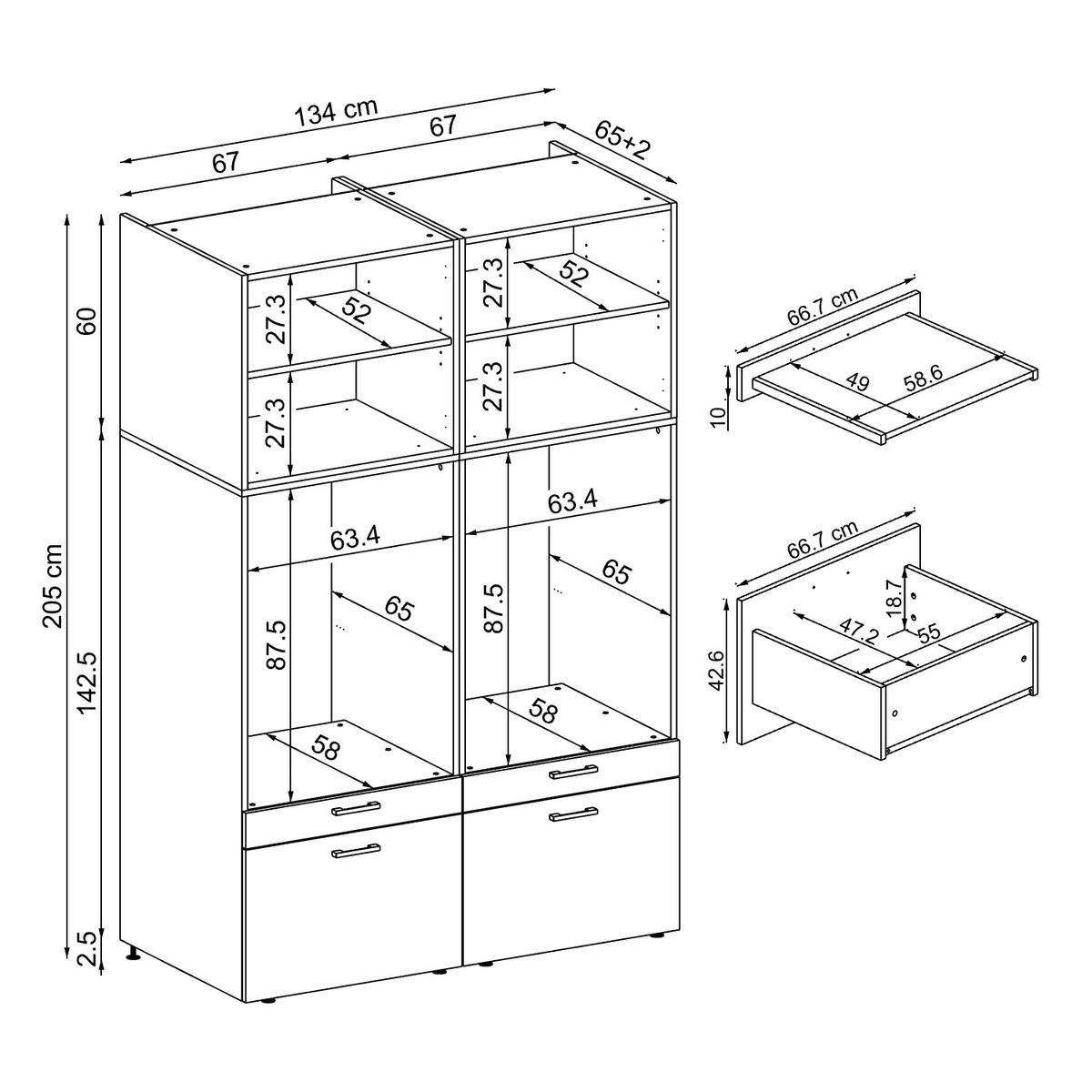 WASCHMASCHINENSCHRANK Serie 2 134cm Breit, 205cm Hoch - Schwarz, Holzwerkstoff (134/205/67cm)