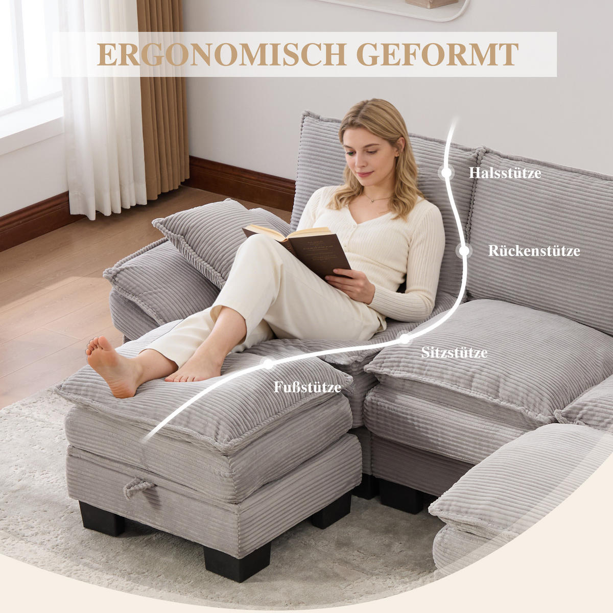 WOHNLANDSCHAFT Cord Hellgrau mit USB-C, Seitentaschen und mit 2 Hocker - Hellgrau, Holzwerkstoff/Kunststoff (260/84/132cm) - WISHDOR