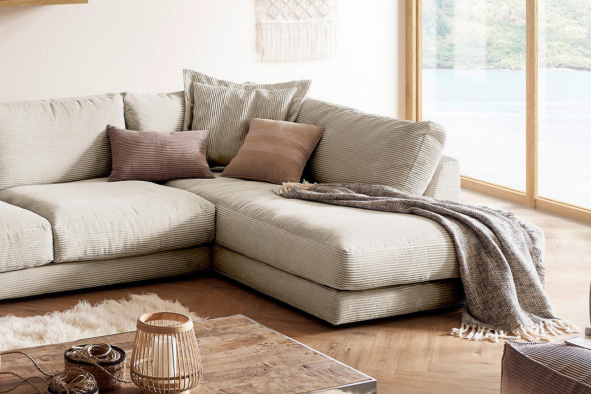 WOHNLANDSCHAFT MADELINE Cremeweiß Cord - Creme/Schwarz, Kunststoff/Textil (425/86/224cm) - KAWOLA