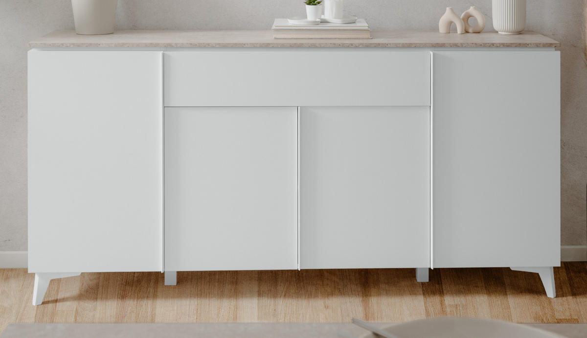 SIDEBOARD weiß, Sandstein 177 cm, Kommode 4-türig - Weiß, Holzwerkstoff/Kunststoff (177/92/40cm) - Furn.Design